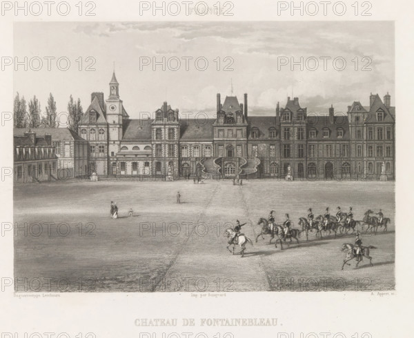 Courtyard of the Castle of Fontainebleau, Chateau de Fontainebleau, France, print, page, inscription: 'NP Lerebours Place du Pont Neuf 15', inscription: 'Rittner & Goupil Boulevd Montmartre 15', inscription: 'Hr. Bossance Quai Voltaire 11', printmaker: A. Appert, after drawing by anonymous, after photo by Noël Marie Paymal Lerebours, Fontainebleau, printer (person): Bougeard, publisher: Noël Marie Paymal Lerebours, Paris, publisher: Rittner & Goupil, publisher: Jean-Hector Bossange, in or after 1839 - in or before 1841, printer (person), paper, aquatint, height 145 mm x width 205 mm, palace, façade (of house or building), inner court of palace or 'hôtel', Palais de Fontainebleau, A wide frontal view of an ornate stone building with multiple steep roofs, tall chimneys, and a central section featuring a curved double staircase leading to an arched doorway, flanked by statues on pedestals; a broad open paved courtyard in front of the building with small groups of people walking and standi...