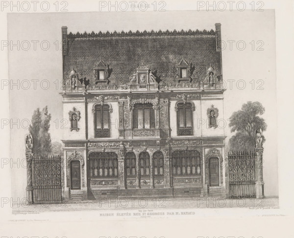 Photo reproduction of a print depicting the facade of a house on the Rue Saint Georges in Paris, Maison élevée Rue St. Georges par M. Renaud, France, reproduction, page, photomechanical print, inscription: 'Hr. Bossance Quai Voltaire 11', inscription: 'Goupil & Vibert Boulevd Montmartre 15', inscription: 'NP Lerebours Place du Pont Neuf 15', printmaker: Hippolyte Fizeau (possibly), after drawing by anonymous, after photo by Noël Marie Paymal Lerebours, Paris, printer (person): Tarlé, publisher: Noël Marie Paymal Lerebours, publisher: Goupil, Vibert & Cie., publisher: Jean-Hector Bossange, in or after 1839 - in or before 1841, photographer, printer (person), paper, etching, height 143 mm x width 193 mm, housing, facade (or house or building), A detailed facade of an ornate building with a steep decorative roofline and patterned roof tiles sits centered in the image, flanked by wrought iron gates and sculpted columns topped with statues and foliage. The upper façade features carved pedim...