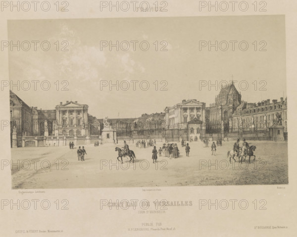 Chateau de Versailles cour d'honneur, View of the Palace of Versailles, France, print, page, inscription: 'Rittner & Goupil Boulevard Montmartre 15', inscription: 'Hr. Bossance Quai Voltaire 11', inscription: 'NP Lerebours Place du Pont Neuf 15', printmaker: Charles Fichot, after drawing by anonymous, after photo by Noël Marie Paymal Lerebours, Versailles, printer (person): Joseph Rose Lemercier, publisher: Noël Marie Paymal Lerebours, Paris, publisher: Rittner & Goupil, publisher: Jean-Hector Bossange, in or after 1839 - in or before 1841, Charles Fichot, Noël Marie Paymal Lerebours, Joseph Rose Lemercier, Rittner & Goupil, Jean-Hector Bossange, printmaker, after drawing by, printer (person), publisher, paper, aquatint, height 145 mm x width 238 mm, palace, façade (or house or building), Palace of Versailles, A wide sepia-toned architectural drawing shows a grand classical palace facade with ornate columns, pediments, statues on plinths, and wrought iron gates, flanked by extended win...