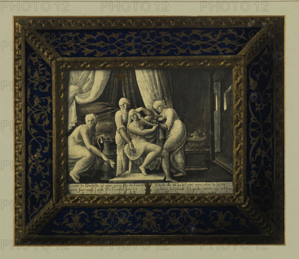 Grisaille by Léonard Limosin, depicting Psyche's toilet, La toilette de Psyché grisaille en émail du Limoges (Leonard Limousin), Musée National du Louvre Galerie d'Apollon, page, photomechanical print, inscription: 'photochromie du moniteur', photographer: Léon Vidal, Paris, c. 1876 - c. 1883, paper, photochrom, height 213 mm x width 252 mm, picture, painting, Psyche is attended by invisible hands, the toilet of Psyche, A framed rectangular artwork shows a grayscale scene of four partially draped women in an interior with heavy curtains and a bed, one woman seated with another leaning toward her adjusting her hair while another pours from a jug and a fourth kneels nearby, all rendered in fine shading; the central image is bordered by an ornate gold frame with a deep blue decorative band featuring gold scrolling floral motifs, and the outer background is a pale neutral mat.