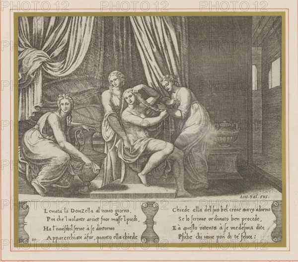 Photo reproduction of an engraving depicting Psyche's toilet, La toilette de Psyché fac-simile d'une estampe engravée par le Maitre au Dé, Musée National du Louvre Galerie d'Apollon, reproduction, page, photomechanical print, photographer: Léon Vidal, Paris, cliché maker: Moniteur, after print by Bernardo Daddi, c. 1876 - c. 1883, Léon Vidal, Moniteur, Bernardo Daddi, photographer, cliché maker, after print by, paper, collotype, phototypie, height 193 mm x width 228 mm, Psyche is attended by invisible hands, the toilet of Psyche, A detailed engraved scene shows four women in flowing classical drapery gathered in an interior with heavy drapery and architectural elements. One woman sits on a raised seat, partially undressed, with another woman behind her arranging or holding her hair while a third woman to the right leans forward holding a bowl and a cloth. A fourth woman kneels to the left near a large vessel, reaching toward it. The background features a large tied curtain on the left,...