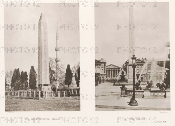The Constantinople obelisk, The Paris obelisk, page, photomechanical print, number: 'Plate XLII', cliché maker: Harroun & Bierstadt (possibly), New York (city), c. 1881, photographer, printer (person), North America, paper, collotype, artotype, height 270 mm x width 352 mm, Prints opposite page 126., column, pillar, architecture, obelisk, needle, Paris, Istanbul, Place de la Concorde, Obelisk of Theodosius, A sepia-toned image divided into two vertical panels shows tall stone obelisks rising against pale skies; the left panel features an obelisk with carved vertical patterns standing on a raised base surrounded by a low balustrade and mature trees, with a slender minaret visible behind it and bare ground in the foreground, while the right panel shows an obelisk on a city plaza with ornate fountains spraying water, classical buildings with columned facades in the background, decorative lamp posts and sculpted figures around the fountain, and paved surfaces leading toward the monument.