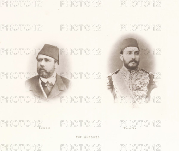 The Khedives, page, photomechanical print, clichémaker: Harroun & Bierstadt (possibly), New York (city), c. 1881, photographer, printer (person), North America, paper, collotype, artotype, height 270 mm x width 352 mm, Prints opposite page 175., Person, Ismail (Kedive of Egypt and Sudan), Tawfiq (Kedive of Egypt and Sudan), ruler, sovereign, A faded sepia image showing two oval portrait vignettes on a pale background, each depicting a man from the shoulders up wearing a fez; the left portrait shows a man with a full beard and mustache dressed in a dark coat and shirt with a high collar and a visible lapel, his head turned slightly to his right, while the right portrait shows a man with a trimmed beard and mustache wearing an ornate embroidered uniform with epaulettes and a sash, his head turned slightly to his left.