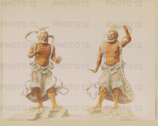 Two sculptures of temple guardians (Nio), photograph, page, Japan, c. 1887 - in or before 1897, photographer, colorer (graphic design artist), paper, albumen print, hand coloring, photographie peinte, height 186 mm x width 243 mm, Photo for page 265., sculpture, Hinduism, Buddhism, Jainism, guard duty, keeping sentry, Two sculpted figures stand on textured rock bases against a pale background, each depicted with muscular, detailed torsos and expressive facial features. Both figures wear flowing, patterned garments with swirling ribbons that wrap around their bodies and float outward. The figure on the left has one hand extended forward with fingers splayed and the other arm bent, a stern expression on its face, and a small topknot with ribbons. The figure on the right raises one arm above its head while the other arm is slightly lowered, showing a more open-mouthed expression and similar head adornment. The color palette includes warm skin tones, muted greens and blues in the clothing,...