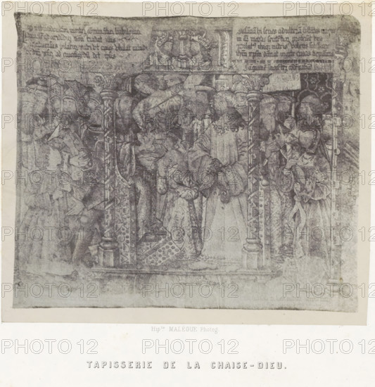 Tapestry from La Chaise-Dieu, Tapisserie de La Chaise-Dieu, photograph, page, number: 'PL. 29.', photographer: Hippolyte Malègue, France, c. 1850 - in or before 1857, paper, salted paper print, height 167 mm x width 192 mm, tapestry, A faded rectangular tapestry image with ornate vertical columns and decorative patterns framing a crowded scene of robed figures, some wearing crowns and headpieces, arranged under an arch; the figures include adults and children in medieval-style clothing, some holding staffs or objects, with layered drapery and patterned textiles; the upper portion shows a narrow band of decorative text and a small central panel with two crowned figures flanking a central vertical element; the overall image appears worn and unevenly toned with lighter margins and a pale border surrounding the illustration.