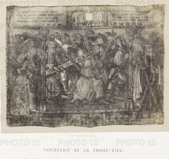 Tapestry from La Chaise-Dieu, Tapisserie de La Chaise-Dieu, photograph, page, number: 'PL. 30.', photographer: Hippolyte Malègue, France, c. 1850 - in or before 1857, paper, salted paper print, height 173 mm x width 221 mm, carrying of the cross: Christ bearing the cross, alone or with the help of others (eg Simon the Cyrenian), tapestry, A grayscale image of a worn tapestry panel mounted on a light background, showing a crowded scene with armored figures and robed people around a large ornate cross, decorative pillars at the sides, an elevated horizontal band near the top containing a small framed scene with two faces and a shield, and an ornate lower border; the tapestry shows textured fabric, faded patterns, and uneven edges.