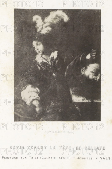 Photo reproduction of a painting depicting David with the head of Goliath, David tenant la tête de Goliath, photograph, reproduction, page, inscription: 'peinture sur toile (Galerie des RP Jesuites a Vals.)', number: 'PL. 31.', photographer: Hippolyte Malègue, France, after painting by anonymous, c. 1850 - in or before 1857, paper, salted paper print, height 133 mm x width 102 mm, David with Goliath's head, A monochrome reproduction of a painted scene framed by a white border, showing a figure wearing a high feathered headdress and ornate clothing, the face turned slightly and looking outward, with textured brushwork around the head and shoulders; a second partially visible face appears lower and to the right, tilted downward; a detached head with a turban-like wrapping is shown at the lower left of the dark interior area; the surrounding border contains printed lines of small text below the image.