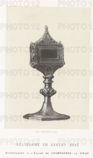 Silver reliquary from the Saint-Pierre church in Champagnac-le-Vieux, Reliquaire en argent doré, photograph, page, number: 'PL. 9.', inscription: 'appartenant a l'eglise de Champagnax-le-Vieux.', photographer: Hippolyte Malègue, France, c. 1850 - in or before 1857, Hippolyte Malègue, photographer, paper, salted paper print, height 180 mm x width 124 mm, relics (and reliquaries), A grayscale photograph of an ornate freestanding object resembling a decorative reliquary on a pedestal, centered on a plain light background; the top section has a pointed, triangular roof with carved floral and scrollwork details and a small finial at its peak, and below that a rectangular recessed panel framed by intricate molded ornamentation; the midsection narrows into a sculpted stem with rounded decorative elements and carved patterns, leading to a faceted bulbous node with geometric and floral motifs; the base flares outward into a broad, flat, slightly raised platform with a beveled edge and subtle be...