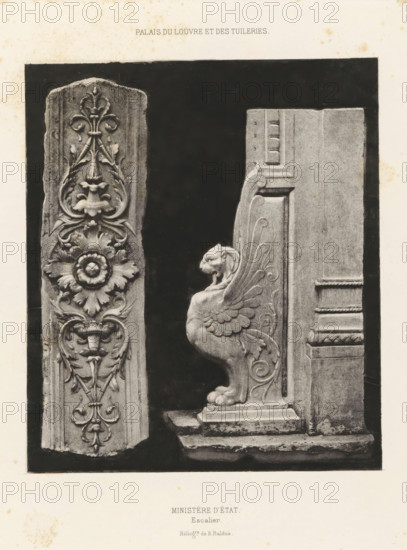 Ministère d'état. Escalier, Ornaments of the stairs of the Ministry of Foreign Affairs in the Palais du Louvre in Paris, Palais du Louvre et des Tuileries, page, photomechanical print, number: 'Int. 27', maker: Édouard Denis Baldus, France, c. 1865 - in or before 1870, Édouard Denis Baldus, paper, photoaquatint, height 218 mm x width 201 mm, flowers, ornament, ornament derived from animal forms, A vertical photograph of two carved stone architectural fragments against a dark background, one fragment on the left with an ornate floral relief featuring stylized leaves and a central rosette, and one fragment on the right showing a sculpted winged lion figure in profile seated on a stepped base with decorative scrollwork on the adjacent stone panel.