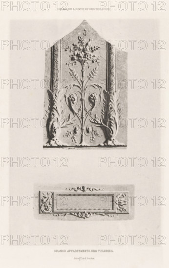 Reliefs from the Palais des Tuileries in Paris, Grands apartments des Tuileries, Palais du Louvre et des Tuileries, page, photomechanical print, number: 'Int. 50.', maker: Édouard Denis Baldus, France, c. 1865 - in or before 1870, paper, photoaquatint, height 231 mm x width 154 mm, ornaments, art, sculpture (relief, sculpture), A vertical sheet showing two carved stone panels photographed on a pale background, the upper panel is pointed at the top and features a central vertical stem with curling tendrils, stylized leaves, and floral motifs, flanked by two ornate vertical borders and large acanthus-like leaf scrolls at the base, the carving displays raised relief and shadowed texture; below it is a horizontal rectangular decorative panel with a recessed central field bordered by a beaded inner frame and floral corner ornaments, with small carved swags above and below, all shown in monochrome with subtle tonal variations.