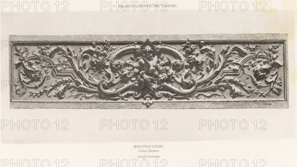 Ministère d'état. Salon théâtre, Ornament with arabesques of a salon (presumably) in the Palais des Tuileries in Paris, Palais du Louvre et des Tuileries, page, photomechanical print, number: 'Int. 29', maker: Édouard Denis Baldus, Paris, c. 1865 - in or before 1870, Édouard Denis Baldus, paper, photoaquatint, height 121 mm x width 271 mm, ornaments, art, ornament, arabesque, A rectangular carved panel with an ornate central relief featuring symmetrical flowing acanthus leaves, curling scrolls, and clusters of flowers, rendered in a high-contrast grayscale; the design includes a prominent central motif with layered curved ribs and leafy forms radiating outward into mirrored swirling foliage and floral sprays, all set within a raised border and framed by a plain rectangular edge, photographed against a light background with visible paper texture.