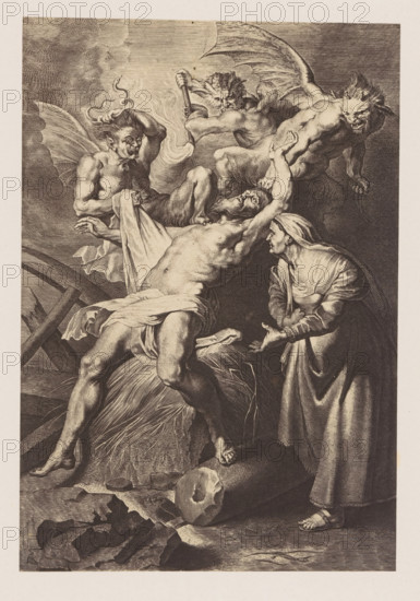 Photo reproduction of an engraving of Job tormented by his wife and devils by Lucas Vorsterman, after the painting by Peter Paul Rubens, Oeuvre de PP Rubens, photograph, reproduction, page, number: 'Vol. 1er. No 2.', photographer: Jean Louis Bargignac, after print by Lucas Vorsterman (I), after painting by Peter Paul Rubens, publisher: C. Muquardt, Brussels, c. 1853 - in or before 1858, Lucas Vorsterman (I), after print by, paper, albumen print, albumendruk, height 269 mm x width 183 mm, Job's wife abusing him, Satan may be present, A detailed monochrome engraving shows a central muscular male figure reclining backward with a cloth draped around his hips, one arm raised and the other held by a winged monstrous creature above him; three winged, horned demonic figures surround him with snarling faces and clawed hands, one clutching a small object and another holding the man's wrist, their wings and muscular bodies prominent. To the right a robed woman stands with an outstretched hand and...
