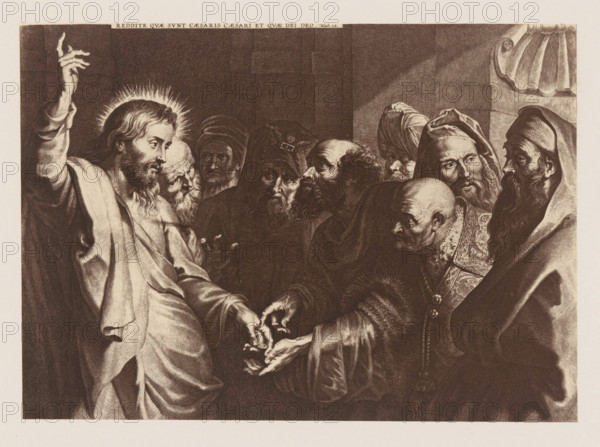 Photo reproduction of an engraving of Le denier de César by Lucas Vorsterman, after the painting by Peter Paul Rubens, Oeuvre de PP Rubens, photograph, reproduction, page, number: 'Vol. 1er. No 20.', photographer: Jean Louis Bargignac, after print by Lucas Vorsterman (I), after painting by Peter Paul Rubens, publisher: C. Muquardt, Brussels, c. 1853 - in or before 1858, Lucas Vorsterman (I), after print by, paper, albumen print, albumendruk, height 186 mm x width 261 mm, the tribute money (Matthew 17:24-27), A group of men with varied facial hair and head coverings clustered tightly together, their faces rendered in detailed shading and crosshatching, one man on the left raising an arm and displaying a halo-like radiance around his head, draped fabric and flowing robes with pronounced folds visible on several figures, hands in the center exchanging small round objects, a bald man in the foreground wearing a patterned garment, dark background contrasting with illuminated faces and garme...