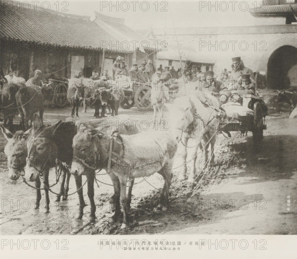 The conveyance of the wounded (in front of the depot hospital inside the north gate of Kinchow castle), page, photomechanical print, inscription: 'The fall of Kinchow.', photographer: Ordnance Survey, Chinchow, cliché maker: Kazumasa Ogawa, Japan, 1895-03-18, paper, collotype, photoprint, height 223 mm x width 285 mm, ass, donkey, transport of the sick, wounded and dead by vehicle, A muddy street scene with a group of donkeys and oxen harnessed to wooden carts in front of low tiled-roof buildings, many animals in the foreground standing close together with ropes and harnesses visible, cart wheels and wooden shafts among them, several men wearing heavy coats and hats seated on or standing by the carts, a few figures clustered near a building entrance, a large arched gateway visible at one side, and a crowd of people and more carts extending into the background.