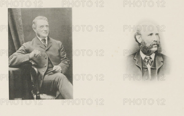 Contractors (resident), page, photomechanical print, United Kingdom, c. 1880 - in or before 1890, paper, collotype, photoprint, height 340 mm x width 438 mm, historical persons (portraits and scenes from the life), A faded photograph on the left shows a seated man in a suit with short hair and prominent sideburns, one arm resting on the armrest of a chair and the other hand holding a small folded item, a dark curtain behind him; on the right is a faded portrait of a man with a receding hairline and large muttonchop sideburns wearing a jacket, waistcoat, and cravat, both images set against a light, textured background.