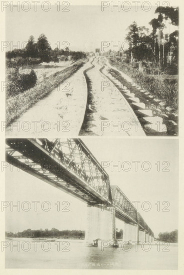 Two views of the railway in Japan after an earthquake, page, photomechanical print, Above a twisted track, below a view of the Kisogawa railway bridge., photographer: Miyashita, Japan, cliché maker: Kazumasa Ogawa, after 1891-10-28 - in or before 1892, paper, collotype, photoprint, height 405 mm x width 276 mm, railway, tramway, rack railway, bridge, consequences of an earthquake, Mino–Owari earthquake 1891, A vertically split image showing two separate monochrome photographs stacked one above the other, the top photo depicting a worn pair of railroad tracks curving and converging into the distance with grassy embankments and vegetation on either side and trees along the horizon, and the bottom photo showing a large steel truss bridge spanning a body of water with massive concrete piers rising from the water and the underside and side latticework of the bridge visible from a low vantage point.