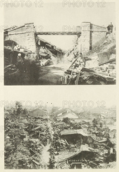 Destruction after an earthquake in Japan, page, photomechanical print, Above a destroyed railway bridge, below a view of destroyed buildings in Gifu., photographer: Miyashita, Japan, cliché maker: Kazumasa Ogawa, after 1891-10-28 - in or before 1892, paper, collotype, photoprint, height 405 mm x width 276 mm, railway, tramway, rack railway, landscape with ruins, housing, consequences of an earthquake, Earthquake Mino–Owari 1891, A vertical composite of two monochrome photographs separated by a blank band, the upper image showing a broken stone bridge with two tall stone supports and a narrow beam spanning the gap, rubble and wooden debris piled beneath and along the sides, a few people visible near the left support and a person standing on the right embankment, and the lower image showing an aerial view of a devastated area with collapsed wooden structures and tangled wreckage lining a narrow central path flanked by ruined buildings and scattered trees.