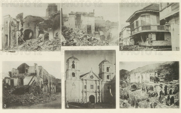 Overview of the consequences of an earthquake in Manila and Casamicciola, page, photomechanical print, Numbers 1, 2, 3 and 6 were made in Casamicciola, 4 and 5 in Manila., number: '1, 6', cliché maker: Kazumasa Ogawa, Japan, c. 1882 - in or before 1892, photographer, paper, collotype, photoprint, height 275 mm x width 405 mm, ruin of a building, architecture, consequences of an earthquake, Earthquake Mino–Owari 1891, A collage of black-and-white photographs arranged in a grid showing various damaged buildings and rubble; at the top left is a ruined arched structure with collapsed walls and a large pile of debris in front; next to it is another scene of a street filled with rubble and partially standing facades with broken surfaces; at the top right is a building with a curved wooden balcony and visible stonework damage at its base with debris along the ground; the lower left shows a row of collapsed buildings with rubble spilling into the street; the center bottom features a church fac...