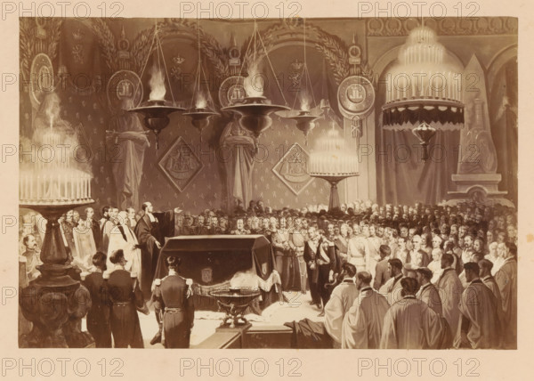 Funeral Oration of HM Leopold I - in the Chapel of the Ardennes, Photographic reproduction of a draft of the oration in the church during the funeral of King Leopold I of Belgium in Laeken, photograph, reproduction, This photo is part of a cover with fourteen photos., inscription: 'In Laeken.', photographer: Ghémar Frères, Brussels, after design by anonymous, c. 1861 - in or before 1866, paper, albumen print, height 167 mm x width 249 mm, Person, Leopold I (King of the Belgians), funerary ceremonial, king, Laeken, Period, 1865-12, A large sepia-toned scene shows a crowded ceremonial hall with many men dressed in formal uniforms and robes gathered around a central draped casket. Tall ornate candlestands and suspended chandeliers with visible flames hang from the ceiling, casting light over the assembly. Decorative shields, laurel wreaths, and draped fabrics adorn the walls behind the crowd, and large statues or sculpted figures are visible in niches. Several clergymen or officials stand...