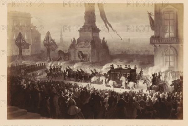 Photo reproduction of a design for the procession carrying the body of King Léopold I of Belgium from Laeken to Brussels, Translation du Corps de SM Léopold 1er - du Château de Laeken au Palais de Bruxelles, photograph, reproduction, This photo is part of a cover with fourteen photos., date: '12 Décembre 1865.', photographer: Ghémar Frères, Brussels, after design by anonymous, c. 1861 - in or before 1866, paper, albumen print, height 166 mm x width 250 mm, Person, Leopold I (King of the Belgians), cortege, funeral procession, king, Laeken, Period, 1865-12-12, A large crowded outdoor scene with a procession moving through a grand plaza dominated by a tall column topped with draped banners and flanked by sculpted lions, many horseback riders and a decorated carriage surrounded by attendants and smoke, a dense throng of onlookers in period clothing in the foreground, ornate multi-story buildings with balconies and windows filled with spectators at the sides, and a distant cityscape with s...