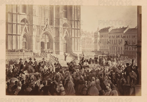 Photo reproduction of a design of the reception of Léopold II of Belgium for the Cathedral of Saint Michael and Saint Gudula in Brussels, Te Deum à Ste. Gudule - Réception du Roi Léopold 11 par le haut Clergé belge, photograph, reproduction, This photo is part of a cover with fourteen photos., inscription: 'Sur l'escalier de Ste Gudule', photographer: Ghémar Frères, Brussels, after design by anonymous, c. 1861 - in or before 1866, Ghémar Frères, photographer, after design by, paper, albumen print, height 166 mm x width 250 mm, Person, Leopold II (king of the Belgians), being welcomed, traveling, Period, 1865-12, A large crowd fills a city square in front of an ornate Gothic cathedral with pointed arches, tall windows, statues in niches, and a wide staircase leading to three arched doorways. People in period clothing, including women in full skirts and men in top hats, gather and look toward a horse-drawn carriage surrounded by mounted riders and guards in uniform. Horses with harnesses...