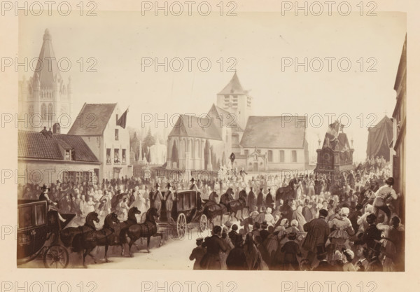 Cortège Funèbre - à son arrivée près de l'Eglise, Photo reproduction of a design of the funeral procession of King Léopold I of Belgium upon arrival at the church in Laeken, photograph, reproduction, This photo is part of a cover with fourteen photos., inscription: 'A Laeken.', photographer: Ghémar Frères, Brussels, after design by anonymous, c. 1861 - in or before 1866, Ghémar Frères, photographer, after design by, paper, albumen print, albumendruk, height 167 mm x width 249 mm, Person, Leopold I (king of the Belgians), cortege, funeral procession, king, Laeken, Period, 1865-12, A crowded street scene with many people gathered outdoors among buildings and churches, a large carriage drawn by multiple horses moving through the crowd, figures wearing coats and hats throughout, groups of onlookers clustered near building windows and rooftops, a procession including an ornately decorated platform draped with fabric and attended by people, stone church buildings with pitched roofs and a tow...
