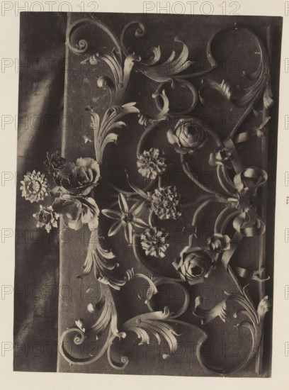 Wrought iron work with flowers from the collection of Antonin Terme, photograph, page, Liège, c. 1880 - in or before 1885, photographer, paper, platinum process, height 159 mm x width 221 mm, art collection, art gallery, A close-up grayscale photograph shows an ornate decorative panel with carved swirling acanthus leaves, curling scrolls, and ribbon-like elements arranged across a dark rectangular background, interspersed with sculpted flowers including layered rosettes, star-shaped petals, and ruffled blossoms; the carved elements cast soft shadows and sit against a textured fabric or surface that runs vertically along one side, with the whole composition framed by a lighter border.