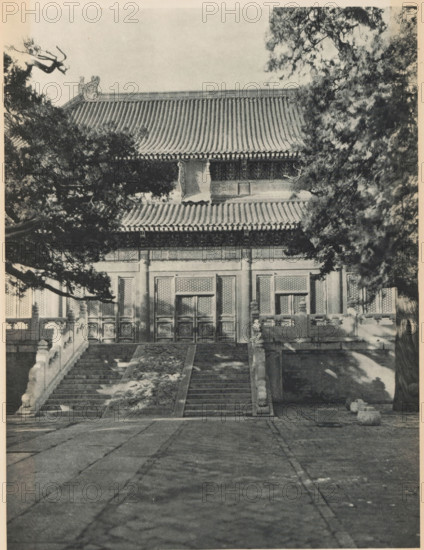 Confucius Temple in Beijing, page, photomechanical print, photographer: Donald Mennie, Beijing, cliché maker: anonymous, c. 1915 - in or before 1920, paper, rotogravure, height 262 mm x width 203 mm, temple, shrine, non-Christian religions, Confucius temple, A monochrome photograph of a traditional building with a tiered tiled roof partially obscured by large trees on either side, a central entrance flanked by carved panels and ornate doors, and a wide stone stairway leading up to the entrance with low balustrades and sculpted posts; the foreground shows a broad paved courtyard with visible paving joints and scattered shadows, while branches and foliage frame the upper portion of the scene.
