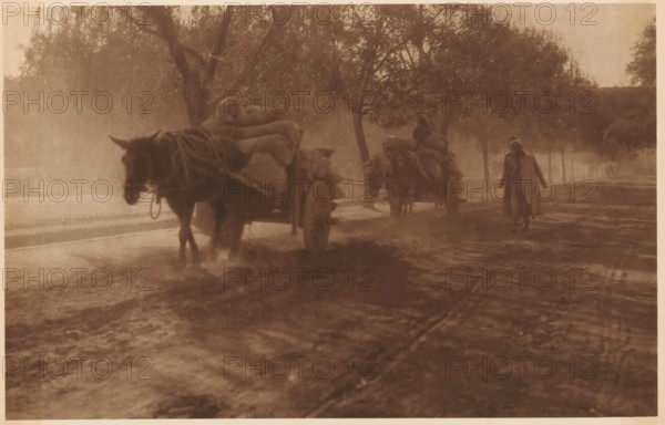 Away with a horse-drawn cart, page, photomechanical print, photographer: Donald Mennie, Beijing, cliché maker: anonymous, c. 1915 - in or before 1920, paper, rotogravure, height 183 mm x width 279 mm, road, path, trees, two-wheeled, animal-drawn vehicle, A sepia-toned scene showing a muddy road lined with trees and a shallow stream of water, two horse-drawn carts loaded with large bundled sacks moving along the road, a person walking beside the second cart wearing a long coat or cloak, a driver seated on the nearer cart holding the reins, trees with dense foliage in the background, damp ground with visible wheel ruts and splashed water around the horses' hooves.