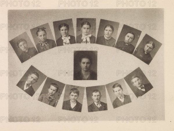 Thirteen portraits of inhabitants around the Montagne Noire, with a superimposition of these portraits in the middle, page, photomechanical print, photographer: Arthur Batut, Midi-Pyrénées, cliché maker: anonymous, France, c. 1877 - in or before 1887, paper, collotype, photoprint, height 102 mm x width 141 mm, Print on frontispiece., anonymous historical person depicted, human types, A sepia toned collage of portrait photographs arranged in a circular pattern on a textured background, showing a central rectangular portrait surrounded by smaller tilted rectangular portraits of women at the top and men at the bottom, each head-and-shoulders image showing formal attire and varied facial expressions, with some subjects wearing bows or scarves and a few wearing necklaces or pendants, all photographs set against darker backgrounds and separated by a pale circular band.