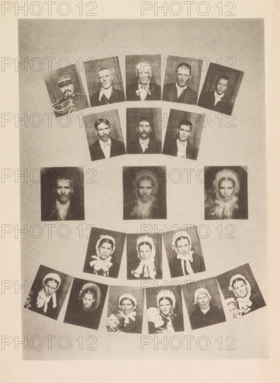 Seventeen portraits of inhabitants around the Montagne Noire, with three superimpositions of these portraits in the center, page, photomechanical print, Left center a superimposition of only the men, center a superimposition of all portraits, right center a superimposition of only the women., photographer: Arthur Batut, Midi-Pyrénées, cliché maker: anonymous, France, c. 1877 - in or before 1887, paper, collotype, light print, height 140 mm x width 102 mm, anonymous historical person portrayed, human types, A vertical arrangement of sepia-toned portrait photographs printed on a lighter rectangular background, showing rows of small rectangular head-and-shoulder images of men and women. The top section features a curved row of older male portraits with varied facial hair and clothing, including one wearing a uniform with braided cords and another with a scarf tied at the neck. Below that is a row of three male portraits set in a slight arc, each with neutral expressions and period clothin...