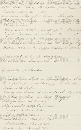 List of subjects depicted in the album (1 to 34), album page, list, Part of Album with 50 photos of a trip through Southeast Asia., writer (clerical worker): anonymous, Netherlands, c. 1900, writer (clerical worker), paper, writing (processes), handwriting, pen in black ink, height 339 mm x width 212 mm, A sheet of lined paper filled with cursive handwriting in dark ink, showing multiple horizontal lines of flowing script across the page with varying slant and letter spacing, some lines closer together and some with wider gaps, faint blue rule lines visible in the background, slight paper discoloration and smudges near the edges, and small variations in ink darkness where strokes are heavier.