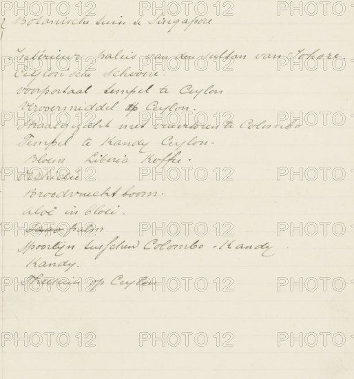 List of subjects depicted in the album (35 to 50), album page, list, Part of Album with 50 photos of a trip through Southeast Asia., writer (clerical worker): anonymous, Netherlands, c. 1900, writer (clerical worker), paper, writing (processes), handwriting, pen in black ink, height 339 mm x width 212 mm, A sheet of lined paper with neat cursive handwriting in dark ink running across the top portion, leaving the lower area mostly blank; the paper is slightly yellowed with faint horizontal ruling, a narrow left margin and a few small spots and smudges visible near the top and along the edges.
