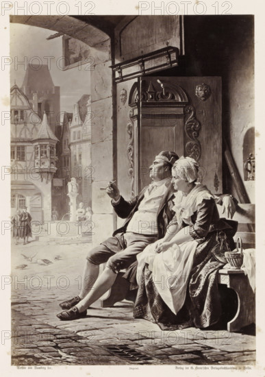 The Two Old Men on the Thor Way, Photographic reproduction of a painting by AG von Ramberg, depicting Hermann's parents sitting by a gate, photograph, reproduction, Part of Album with photographic reproductions of paintings by AG von Ramberg after the work 'Hermann und Dorothea' by JW von Goethe., photographer: Franz Hanfstaengl, after painting by Arthur Georg von Ramberg, publisher: G.-Grote'sche Verlagsbuchhandlung, Berlin, 1871 - 1872, Franz Hanfstaengl, Arthur Georg von Ramberg, G.-Grote'sche Verlagsbuchhandlung, photographer, after painting by, publisher, paper, albumen print, height 283 mm x width 197 mm, marriage, married couple, 'matrimonium', gate, entrance, A seated man and woman occupy a stone bench in front of an ornate wooden door with carved decorative panels and faces; the man leans back with one arm draped over the bench and the other hand raised holding a small object, while the woman sits close beside him wearing a head covering and layered garments with folded hands ...