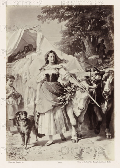 The Procession of Emigrants, Photographic reproduction of a painting by AG von Ramberg, depicting Dorothea and a procession of refugees, photograph, reproduction, Part of Album with photographic reproductions of paintings by AG von Ramberg after the work 'Hermann und Dorothea' by JW von Goethe., photographer: Franz Hanfstaengl, after painting by Arthur Georg von Ramberg, publisher: G.-Grote'sche Verlagsbuchhandlung, Berlin, 1871 - 1872, Franz Hanfstaengl, Arthur Georg von Ramberg, G.-Grote'sche Verlagsbuchhandlung, paper, albumen print, height 285 mm x width 200 mm, adult woman, political refugee, 'émigré', A young woman stands at the center wearing a headscarf, a fitted bodice, and a skirt, her hand resting on the head of a light-colored ox adorned with leafy branches, while a darker ox stands beside it harnessed to a wooden yoke; to the left a covered cart with draped fabric shelters a reclining figure, and a girl in simple clothing stands nearby holding an object; a dog with a thick...