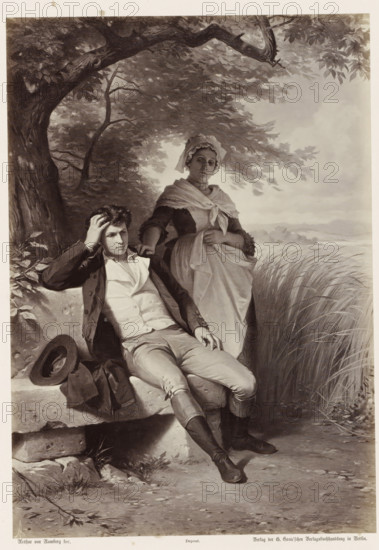 Hermann and the Mother under the Pear Tree, Photographic reproduction of a painting by AG von Ramberg, depicting Hermann and his mother under a pear tree, photograph, reproduction, Part of Album with photographic reproductions of paintings by AG von Ramberg after the work 'Hermann und Dorothea' by JW von Goethe., photographer: Franz Hanfstaengl, after painting by Arthur Georg von Ramberg, publisher: G.-Grote'sche Verlagsbuchhandlung, Berlin, 1871 - 1872, Franz Hanfstaengl, Arthur Georg von Ramberg, G.-Grote'sche Verlagsbuchhandlung, paper, albumen print, height 283 mm x width 197 mm, adult woman, youth, adolescent, mother and son(s) (family group), A monochrome scene shows a young man reclined on a stone bench under a large tree, his hand resting on his head and his legs stretched forward with boots on; a hat and a coat lie beside him on the bench. Standing behind him is a woman wearing a bonnet and a shawl tied at her neck, one hand resting near her waist and the other lightly touchin...