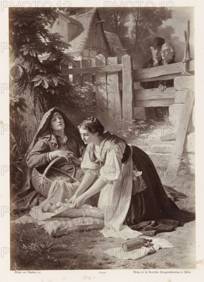 Dorothea and the Indwelling Woman, Photographic reproduction of a painting by AG von Ramberg, depicting Dorothea and the woman in childbirth, photograph, reproduction, Part of Album with photographic reproductions of paintings by AG von Ramberg after the work 'Hermann und Dorothea' by JW von Goethe., photographer: Franz Hanfstaengl, after painting by Arthur Georg von Ramberg, publisher: G.-Grote'sche Verlagsbuchhandlung, Berlin, 1871 - 1872, Franz Hanfstaengl, Arthur Georg von Ramberg, G.-Grote'sche Verlagsbuchhandlung, paper, albumen print, height 284 mm x width 200 mm, adult woman, mother and baby or young child, A sepia-toned scene shows two women in the foreground beside a wooden fence and a tree, one seated with a basket wearing a cloak and hood and the other leaning forward in a dress and apron tending to a swaddled infant lying on folded blankets on the grass; behind them a rustic fence and gate stand with a stone step and a thatched cottage partially visible among trees, while ...