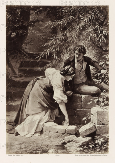 Hermann and Dorothea at the Spring, Photographic reproduction of a painting by AG von Ramberg, depicting Dorothea and Hermann at a spring, photograph, reproduction, Part of Album with photographic reproductions of paintings by AG von Ramberg after the work 'Hermann and Dorothea' by J.W. von Goethe., photographer: Franz Hanfstaengl, after painting by Arthur Georg von Ramberg, publisher: G.-Grote'sche Verlagsbuchhandlung, Berlin, 1871 - 1872, Franz Hanfstaengl, Arthur Georg von Ramberg, G.-Grote'sche Verlagsbuchhandlung, paper, albumen print, height 284 mm x width 197 mm, adolescent, young woman, maiden, youth, couple of lovers, A monochrome image of a young woman and a young man seated on and beside a low stone wall beneath drooping leafy branches, the woman leaning forward with one hand reaching down toward the ground while wearing a long dress with a fitted bodice and puffed sleeves and her hair styled in an updo, the man seated on the wall beside her looking toward her and dressed in...