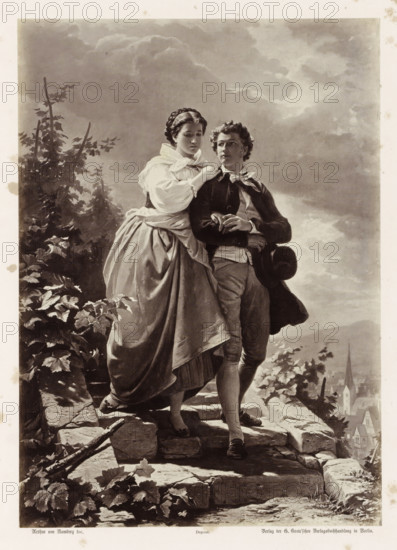 Photo reproduction of a painting by AG von Ramberg, depicting Dorothea and Hermann during an approaching thunderstorm, Heimkehr beim Anzug des Gewitters, photograph, reproduction, Part of Album with photo reproductions of paintings by AG von Ramberg after the work 'Hermann und Dorothea' by JW von Goethe., photographer: Franz Hanfstaengl, after painting by Arthur Georg von Ramberg, publisher: G.-Grote'sche Verlagsbuchhandlung, Berlin, 1871 - 1872, Franz Hanfstaengl, Arthur Georg von Ramberg, G.-Grote'sche Verlagsbuchhandlung, paper, albumen print, height 282 mm x width 201 mm, adolescent, young woman, maiden, youth, couple of lovers, storm on land, A sepia-toned image shows a young woman and a young man standing on a rocky ledge with foliage around them; the woman wears a long dress with a full skirt and a shawl draped over her shoulders, her hair braided and coiled, and she places one hand on the man's shoulder while looking slightly downward; the man wears a jacket, light trousers, an...
