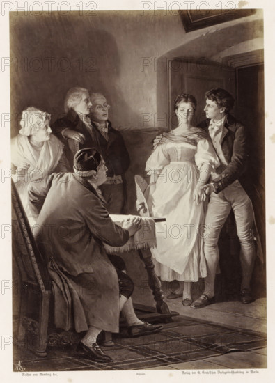 The Homecoming, Photographic reproduction of a painting by AG von Ramberg, depicting Dorothea and Hermann in the parental home, photograph, reproduction, Part of Album with photographic reproductions of paintings by AG von Ramberg after the work 'Hermann und Dorothea' by JW von Goethe., photographer: Franz Hanfstaengl, after painting by Arthur Georg von Ramberg, publisher: G.-Grote'sche Verlagsbuchhandlung, Berlin, 1871 - 1872, Franz Hanfstaengl, Arthur Georg von Ramberg, G.-Grote'sche Verlagsbuchhandlung, paper, albumen print, height 286 mm x width 203 mm, adolescent, young woman, maiden, youth, couple of lovers, parents with their children, A grayscale scene shows a group of people gathered in an interior space with a door and a framed object on the wall. A young woman in a light dress stands near the center with eyes closed and hands at her sides, while a young man beside her places one hand on her shoulder and the other near her wrist, looking at her. In the foreground a seated man...