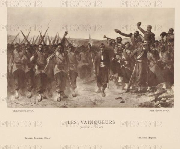 Photo reproduction of a painting by Alexandre Protais, depicting soldiers returning to their camp after a victory, Les Vainqueurs (retour au camp), reproduction, page, photomechanical print, inscription: '126, boul. Magenta.', photographer: Goupil & Cie., after painting by Alexandre Protais, publisher: Ludovic Baschet, c. 1876 - in or before 1879, paper, Woodburytype, height 134 mm x width 222 mm, picture, painting, the soldier, the soldier's life, A wide sepia-toned illustration shows a group of uniformed soldiers marching and standing on open ground, many carrying long rifles with bayonets and wearing caps and sashes; several men at the front walk with visible wear on their clothing and equipment, one man in the center holds a firearm while another beside him has a dog at his feet; to the right a cluster of soldiers stand and gesture, one man raising his hat and another blowing a horn, while faces show various expressions and some hats lie on the ground in front; the background featu...