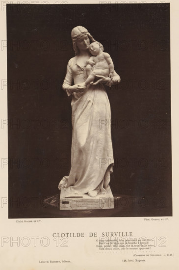 Sculpture by Jean Gautherin, depicting Clotilde de Surville, Clotilde de Surville, page, photomechanical print, inscription: 'O cher engantelet, vray pourtraict de ton père, ', inscription: '126, boul. Magenta.', photographer: Goupil & Cie., publisher: Ludovic Baschet, c. 1876 - in or before 1879, Jean Gautherin, after sculpture by, paper, Woodburytype, Woodburytypepie, height 233 mm x width 180 mm, piece of sculpture, reproduction of a piece of sculpture, A monochrome photograph shows a full-length statue of a woman standing and holding a sleeping child in her arms; the woman wears a long flowing dress with a fitted bodice and long sleeves, her head is slightly bowed and covered by a headscarf with wavy hair visible beneath, and her facial expression appears gentle as she cradles the child against her chest; the child is unclothed and reclines with a relaxed posture, head tilted back and limbs resting over the woman's arms; the statue stands on a rectangular base with carved detailing...