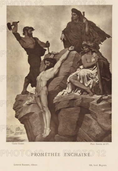 Photo reproduction of the painting Prométhée Enchainé by Émile Bin, Prométhée Enchainé, reproduction, page, photomechanical print, inscription: '126, boul. Magenta.-Paris.', photographer: Anatole Louis Godet, cliché maker: Goupil & Cie., after painting by Émile Bin, publisher: Ludovic Baschet, c. 1876 - in or before 1879, paper, Woodburytype, Woodburytypepie, height 200 mm x width 153 mm, picture, painting, (story of) Prometheus, A monochrome image of a rocky cliff scene with four human figures arranged on and above the rocks, one central male figure shown nude and bound with arms stretched upward against the rock, a muscular male figure standing behind him holding a hammer raised above his head and a chisel against the rock, a robed female figure standing on a higher rock holding a staff and pointing downward, and a seated female figure draped in cloth and a fur headdress looking toward the bound man; the composition emphasizes the textured rocks, flowing drapery, and varied poses and...