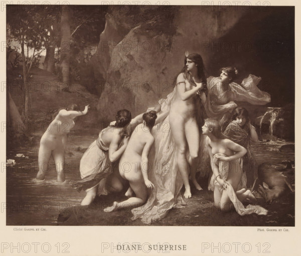 Portrait of Jules Joseph Lefebvre, page, photomechanical print, cliché maker: Goupil & Cie. (possibly), c. 1876 - in or before 1879, photographer, paper, Woodburytype, height 120 mm x width 85 mm, Person, François-Joseph Lefebvre, portrait, self-portrait of painter, A sepia-toned scene of women in a woodland pool, several of them nude or partially draped in translucent fabric, gathered around a taller central figure who stands on a rock with long hair and a small crescent-shaped ornament on her head, other women kneel or wade with arms extended toward her or clutching cloth, trees and rocky cliffs form the background, a small waterfall spills into the pool at the right, water lilies float on the surface, and a carved title appears below the image.