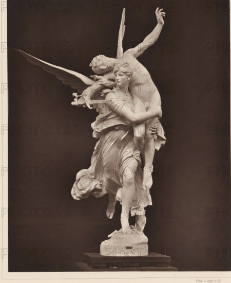 Sculpture Gloria Victis by Marius Jean Antonin Mercié, Gloria Victis!, page, photomechanical print, inscription: '126, boul. Magenta.-Paris.', cliché maker: Goupil & Cie., after sculpture by Marius Jean Antonin Mercié, c. 1876 - in or before 1879, Marius Jean Antonin Mercié, photographer, after sculpture by, paper, Woodburytype, Woodburytypie, height 240 mm x width 193 mm, piece of sculpture, reproduction of a piece of sculpture, angels, A monochrome photograph of a detailed marble sculpture depicting two human figures entwined in a dynamic pose against a dark background; one figure has large outstretched wings and holds a sword while embracing the other figure who appears to be partially draped in flowing garments, with one leg lifted and the other foot resting on a rounded base; the sculpted faces show calm expressions and the hair, musculature, and folds of the clothing are finely carved; the base of the sculpture sits on a stepped plinth.