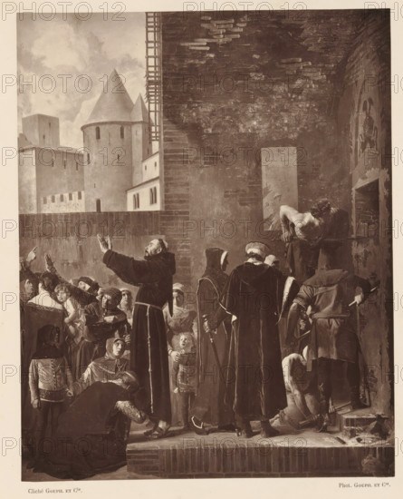 Photo reproduction of a self-portrait by Jean Paul Laurens, reproduction, page, photomechanical print, inscription: 'rue d'Assas, 84.', photographer: Charles Michelez, cliché maker: Goupil & Cie. (possibly), after painting by Jean Paul Laurens, c. 1876 - in or before 1879, Charles Michelez, Goupil & Cie., Jean Paul Laurens, photographer, cliché maker, after painting by, paper, Woodburytype, height 115 mm x width 85 mm, Person, portrait, self-portrait of painter, A crowded scene in front of a tall brick wall with an arched opening shows numerous figures in period clothing gathered closely together; a robed man with raised hands faces the crowd while others in long cloaks and hoods stand with canes, and a small child looks upward near their legs; on the right, a muscular shirtless man leans forward through the arched opening while another kneels on the ground near tools and a partially exposed stone threshold; many faces in the crowd show varied expressions and head coverings, and in the...