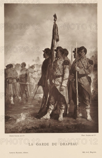 Photo reproduction of the painting La Garde du Drapeau by Alexandre Protais, La Garde du Drapeau, reproduction, page, photomechanical print, inscription: '126, boul. Magenta.', photographer: Goupil & Cie., after painting by Alexandre Protais, publisher: Ludovic Baschet, c. 1876 - in or before 1879, paper, Woodburytype, height 238 mm x width 172 mm, picture, painting, the soldier, the soldier's life, A sepia-toned illustration shows a group of uniformed soldiers standing and marching in formation on muddy ground, with three soldiers prominently in the foreground holding rifles and a tall flagpole with draped fabric, their uniforms featuring double-breasted coats and shoulder epaulets, caps, and gaitered boots; in the background additional soldiers are partially visible through mist and smoke, some holding rifles or swords, and low vegetation and puddles are visible on the ground beneath them.