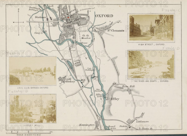 Inland barge mooring at Oxford, Univ. club barges Oxford, photograph, page, photographer: Henry W. Taunt, Oxford, 1871, albumen print, height 32 mm x width 53 mm, motorized barge, Thames, A portion of a vintage map showing a river and surrounding roads and pathways with shaded waterways in blue and lined areas indicating built-up sections, three rectangular photographic prints inset along the right and left edges depicting streets, boats on a river, and a riverside scene, hand-drawn compass markings near the top left, various small symbols and blocks representing buildings and landmarks, curving tributaries and locks, a large rounded hill shape near the lower right, and light handwritten pencil annotations along the borders.