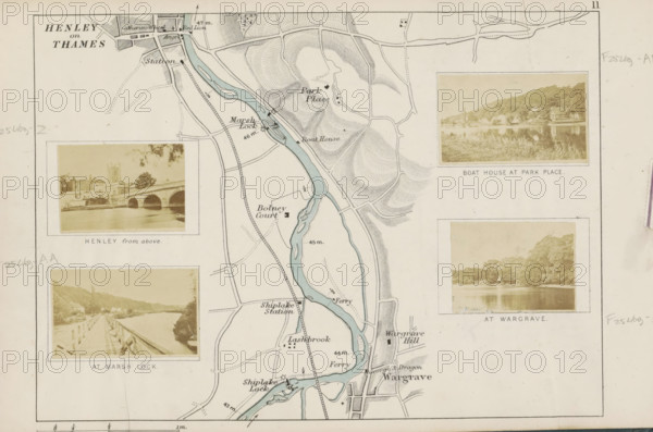 At Wargrave, View of the Thames at Wargrave, photograph, page, photographer: Henry W. Taunt, Wargrave, 1871, Berkshire, paper, albumen print, height 32 mm x width 44 mm, river, Thames, A map fragment showing a vertical river shaded in pale blue winding through a landscape of hatched hills and thin road lines, with small rectangles and squares marking structures; inset sepia photographs with pale borders depict a stone bridge over water with buildings and a tower behind it, a riverside boathouse framed by reeds and trees, a wooden walkway along the river with banks and distant hills, and a tranquil river scene with trees along the shore; the map area includes thin dashed and solid lines for paths and rail lines, small black dots and rectangles indicating buildings, contour-style hatching on hills, and faint pencil markings along the margins.