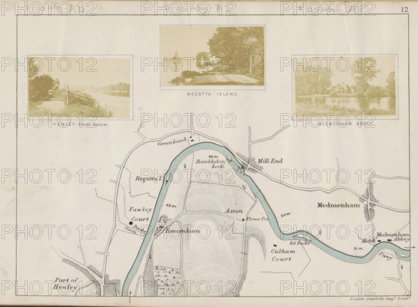 Henley from below, View of the Thames at Henley-on-Thames, photograph, page, photographer: Henry W. Taunt, Henley-on-Thames, publisher: Edward Stanford, London, 1871, Oxfordshire, paper, albumen print, height 30 mm x width 52 mm, river, Thames, A vintage map section showing a river bend filled with pale blue water surrounded by shaded topographic lines and light beige land, with roads and small rectangular structures drawn along the banks; three small sepia-toned photographic inserts across the top depicting riverside scenes with trees, pathways, and buildings; the sheet has a wide cream border with faint pencil marks and smudges and a thin printed frame line near the edges.